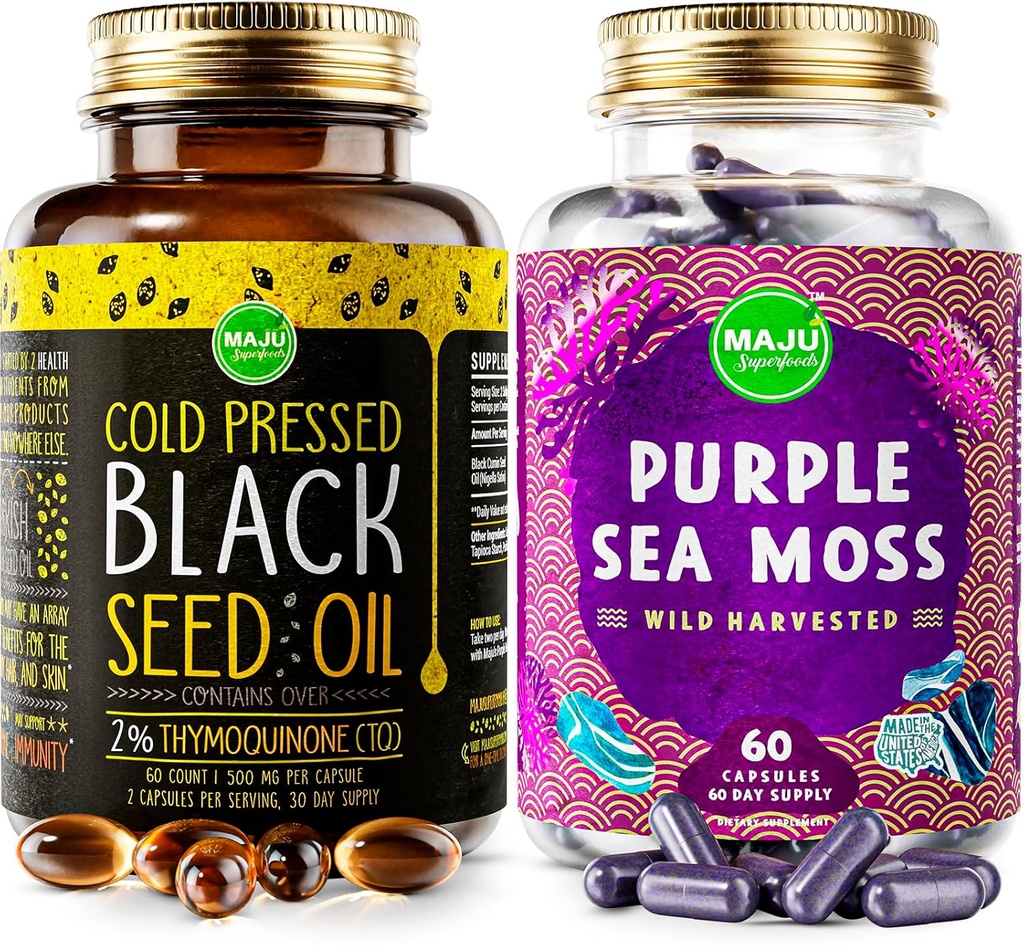 Maju Superfoods Svart Seed Olje Kapsler og Purple Sea Moss Kapsler Bundle