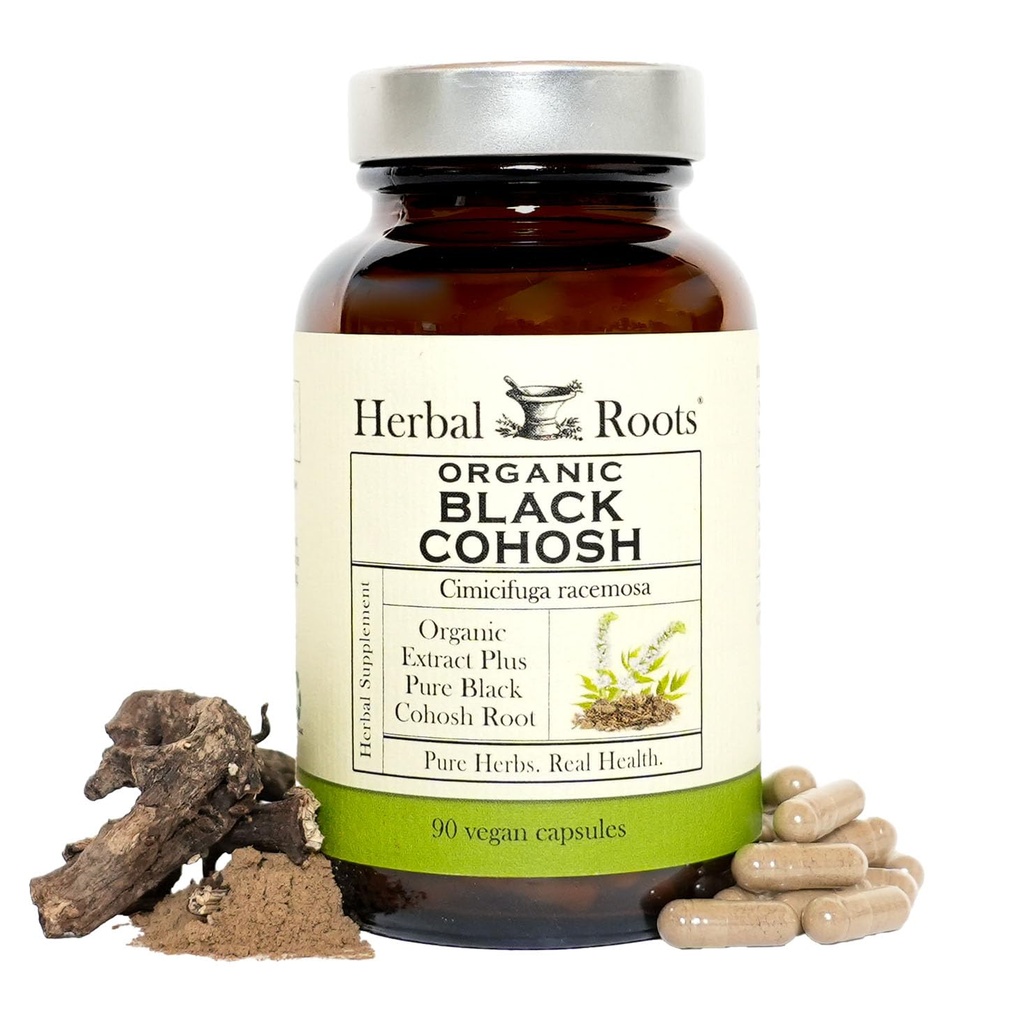 Herbal Roots Organic Black Cohosh Root | Ekstra styrke | Menopause og Menstruell støtte for kvinner | 90 kapsler, Vegan