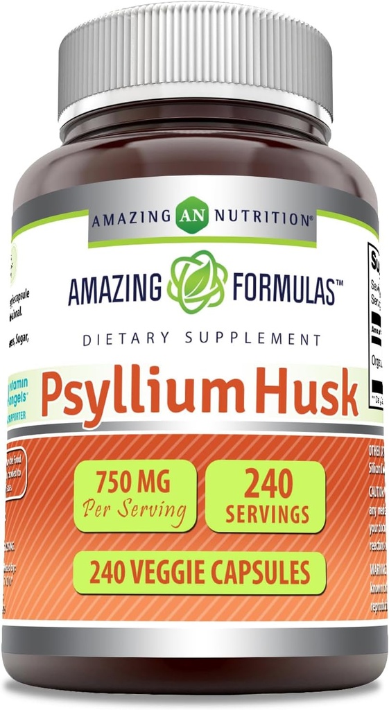 Amazing Formler Psyllium Husk 750mg Veggie Kapsler Supplement Ikke-GMO | Glutenfri | Laget i USA | Egnet for vegetarianere (240 greve)