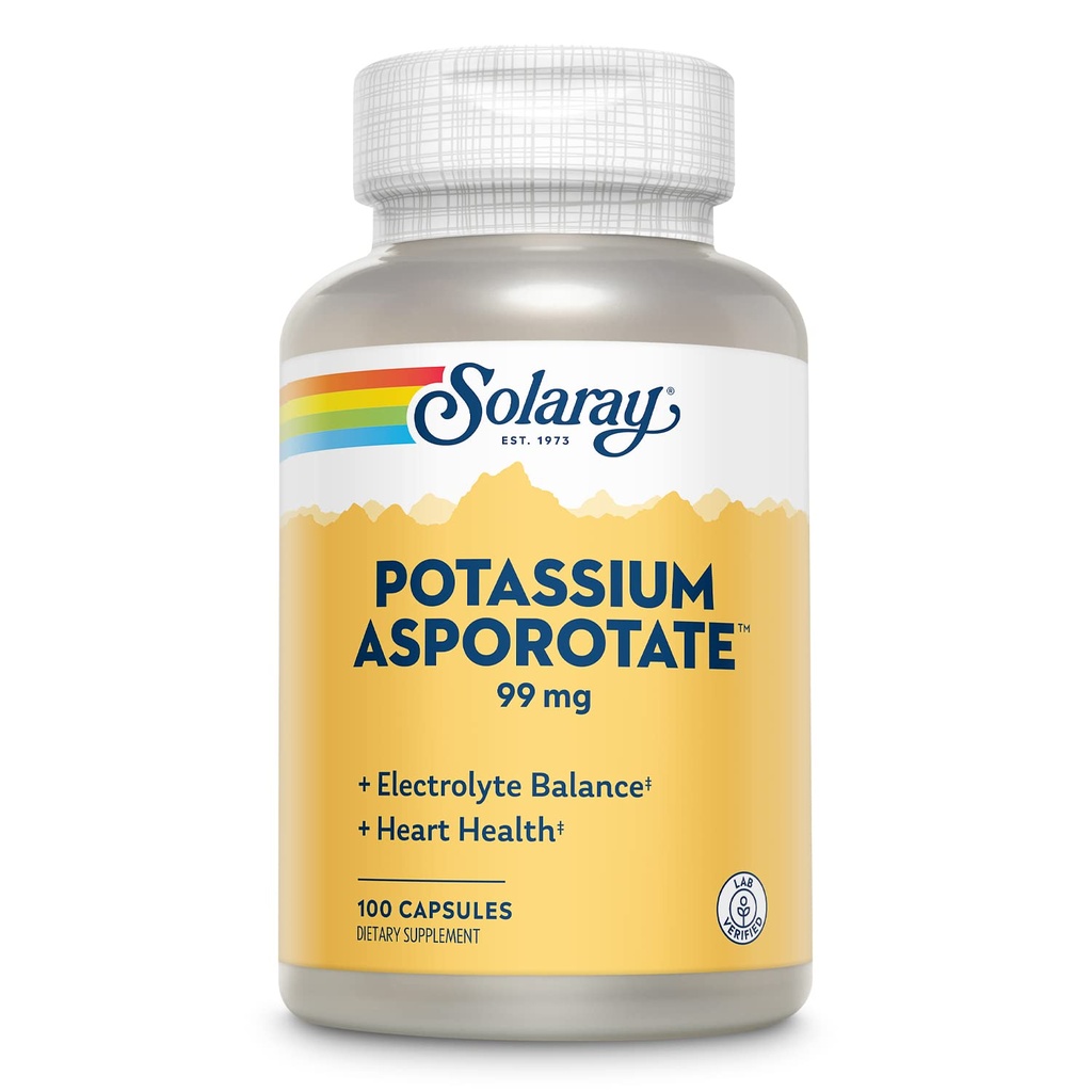 Solaray Kalium Asporotate Chelated Supplement, Electrolyte Balance & hjerte helse støtte, 100 serveringer, 100 kapsler