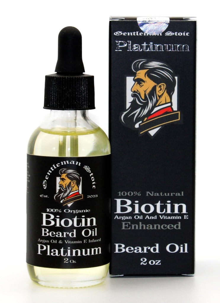 Platinum Beard Olje for menn – Natural Biotin Enhanced Beard Growth Oil - Argan & Vitamin E – Softs og kontroller – Beard Growth Oil for menn - Spiced Vanilla Scent (2oz – Pakke med 1)