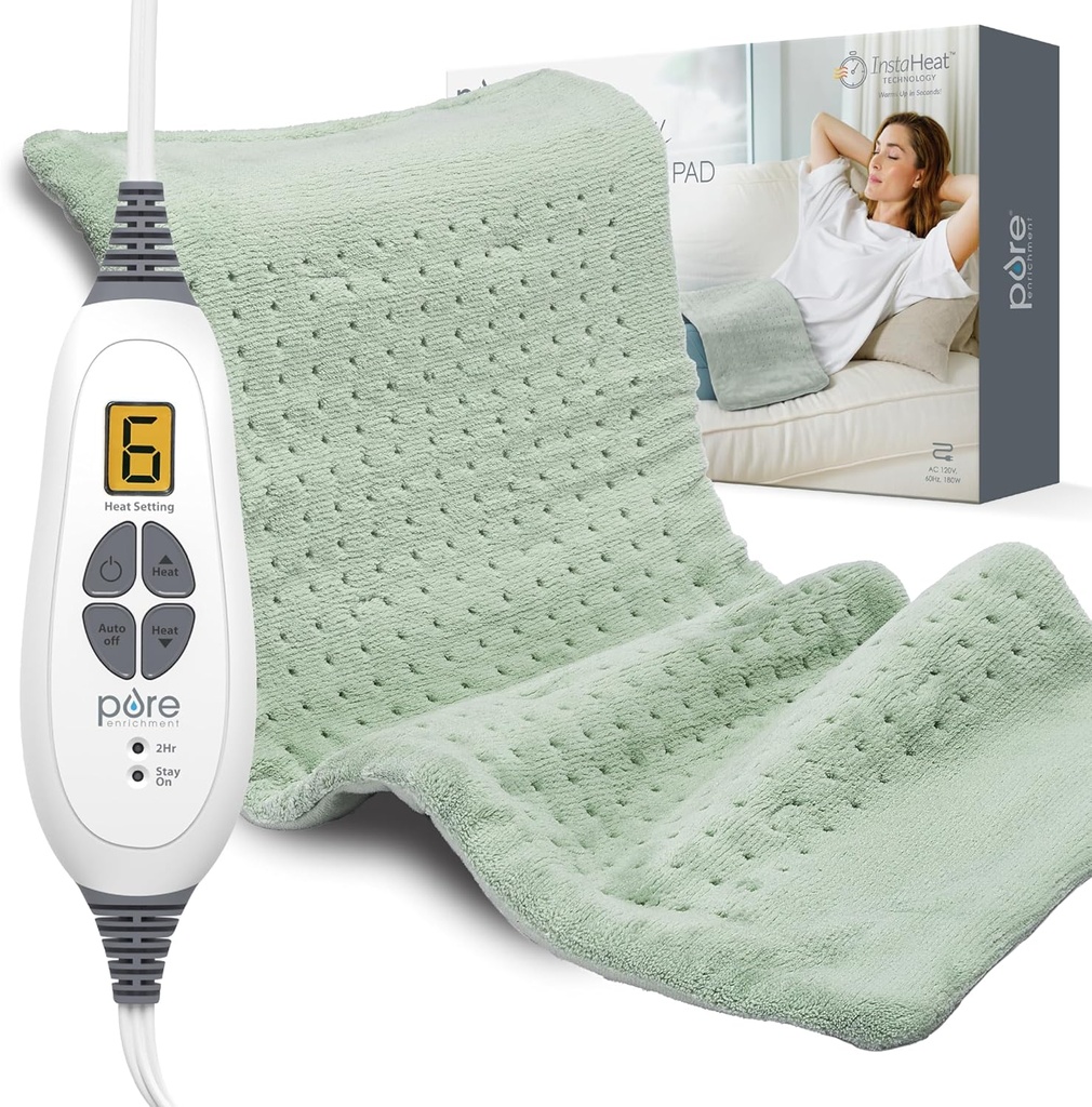 Pure Enrichment PureRelief XL Oppvarmingspad - 12" x 24" Elektrisk oppvarmingspad for ryggsmerte og krummer, 6 varmeinnstillinger, FSA/HSA kvalifisert, myk maskinvaskstoff, Auto-off & moist varme (Zen Green)