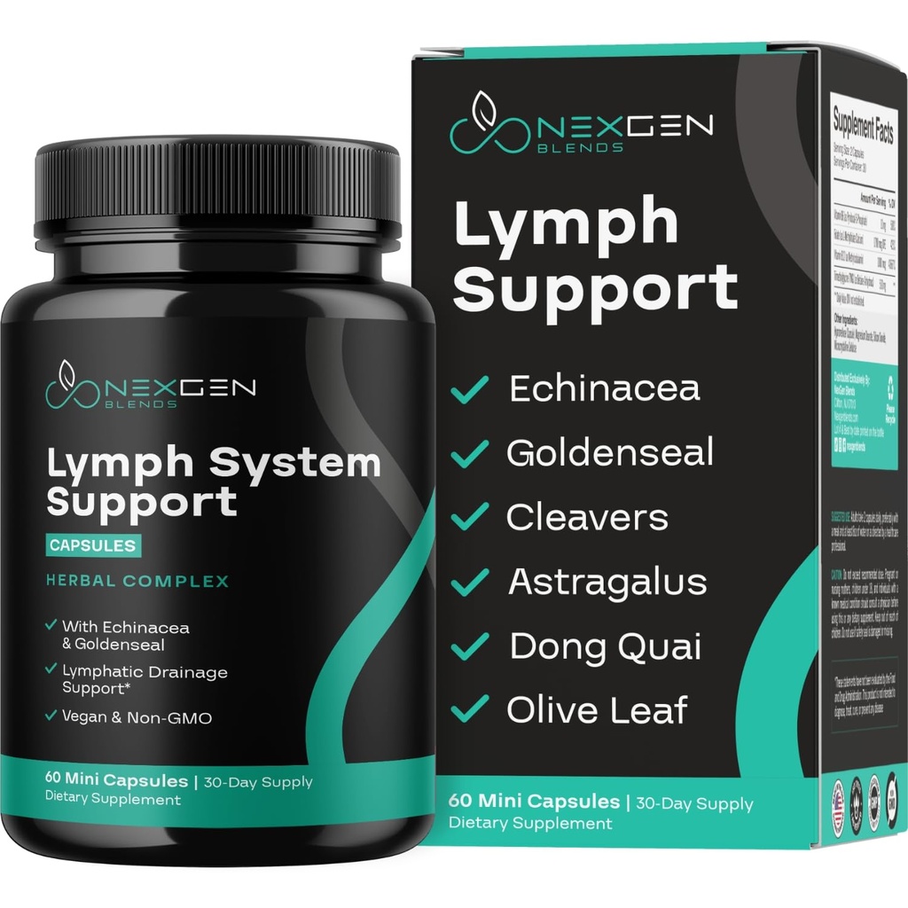 Herbal Lymph System Support Supplement - lymfatisk støtte kompleks med Echinacea Goldenseal Astragalus & Hydroxytyrosol for lymfatisk dressing & immune support - Vegan ikke-GMO Glutenfri (1 måned)