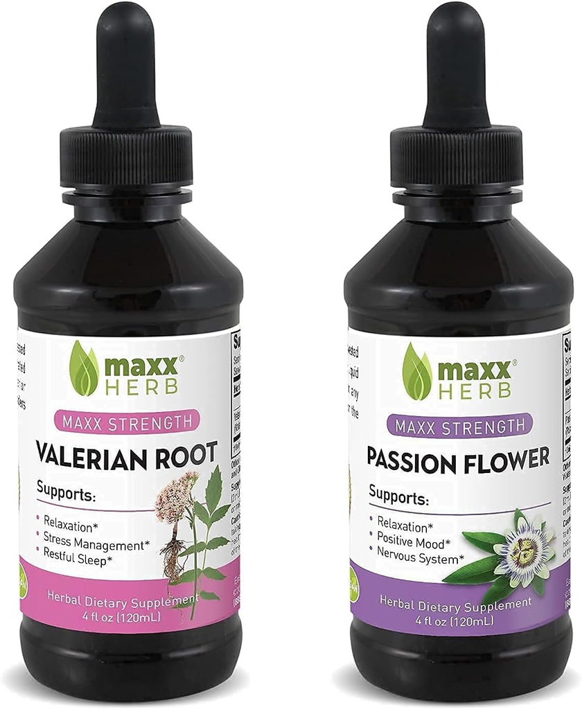 Bedre Sleep Bundle - Maxx Herb Passion Flower Extract + Valerian Root Extract - for avslapning og stress management, alkohol-fri - (1 hver) 4 Oz flaske (60 serveringer)