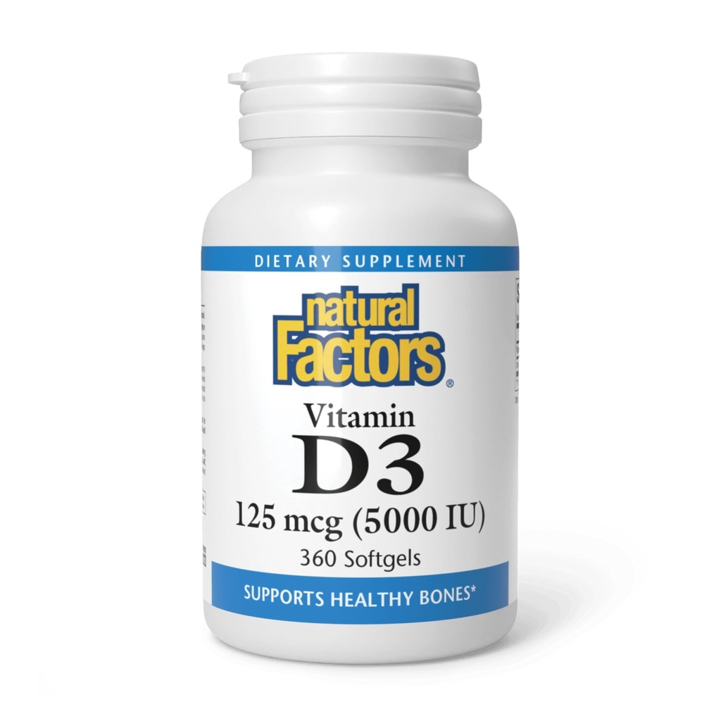Naturlige faktorer, vitamin D3 5000 IU (125 mhg), støtter sterke bein, muskler og immunfunksjon, 360 Softgels