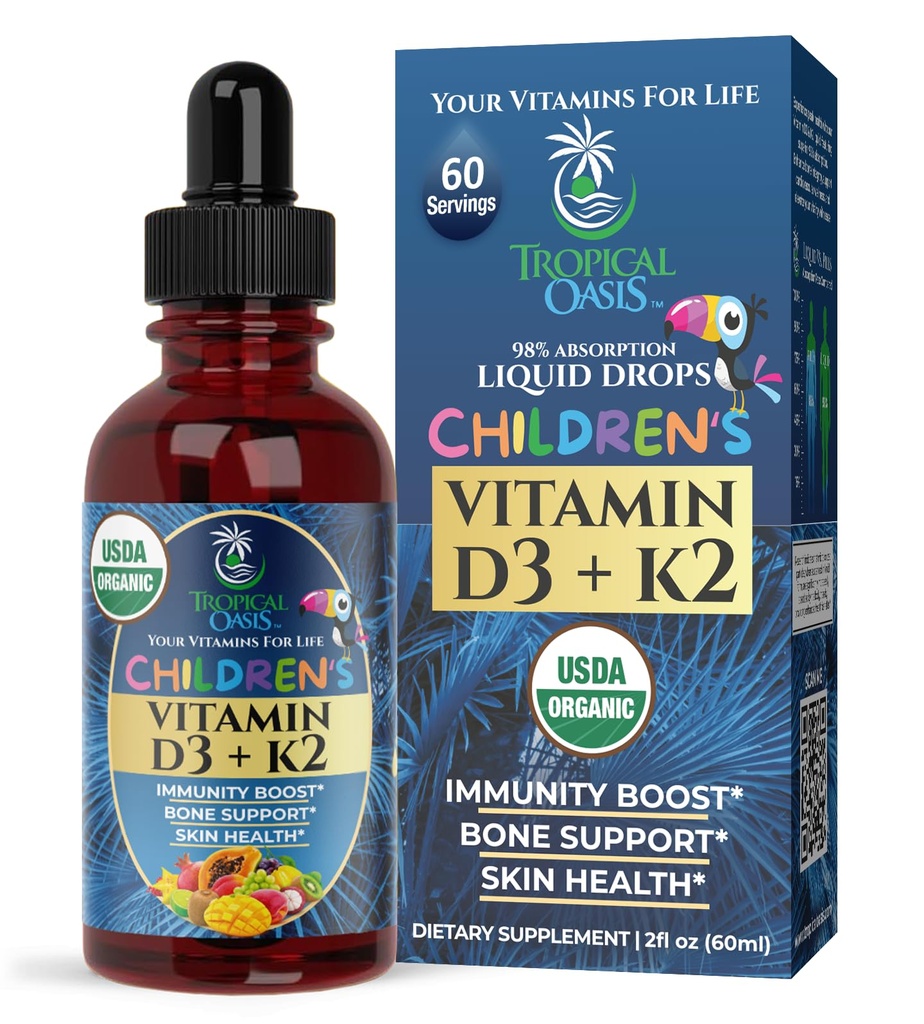 USDA Økologisk vitamin D3 K2 Flytende  Drop Vitamin D3 K2 Supplement for barn og barn Alder 1+ | Kids Supplement for kalsiumabsorpsjon Sterke ben | Vegan, ikke-GMO | 2 Fl Oz