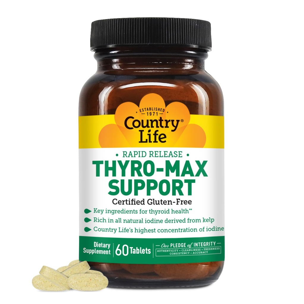 Country Life Thyro-Max-støtte - Kelp-Derived Iodine & L-tyrosin Thyroid Supplement for menn og kvinner - B vitaminer, Glutenfri, Vegan, Kosher - 60 Kapsler