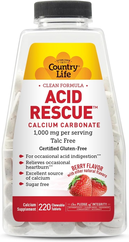 Land Life Acid Rescue Chewable Tabletter - Certified Vegan & Glutenfri Heartburn Relief, 400 mg Kalsium & Magnesium, Ikke-GMO, Sukkerfri Mint Flavor, støtter Bone Helse, 220 greve