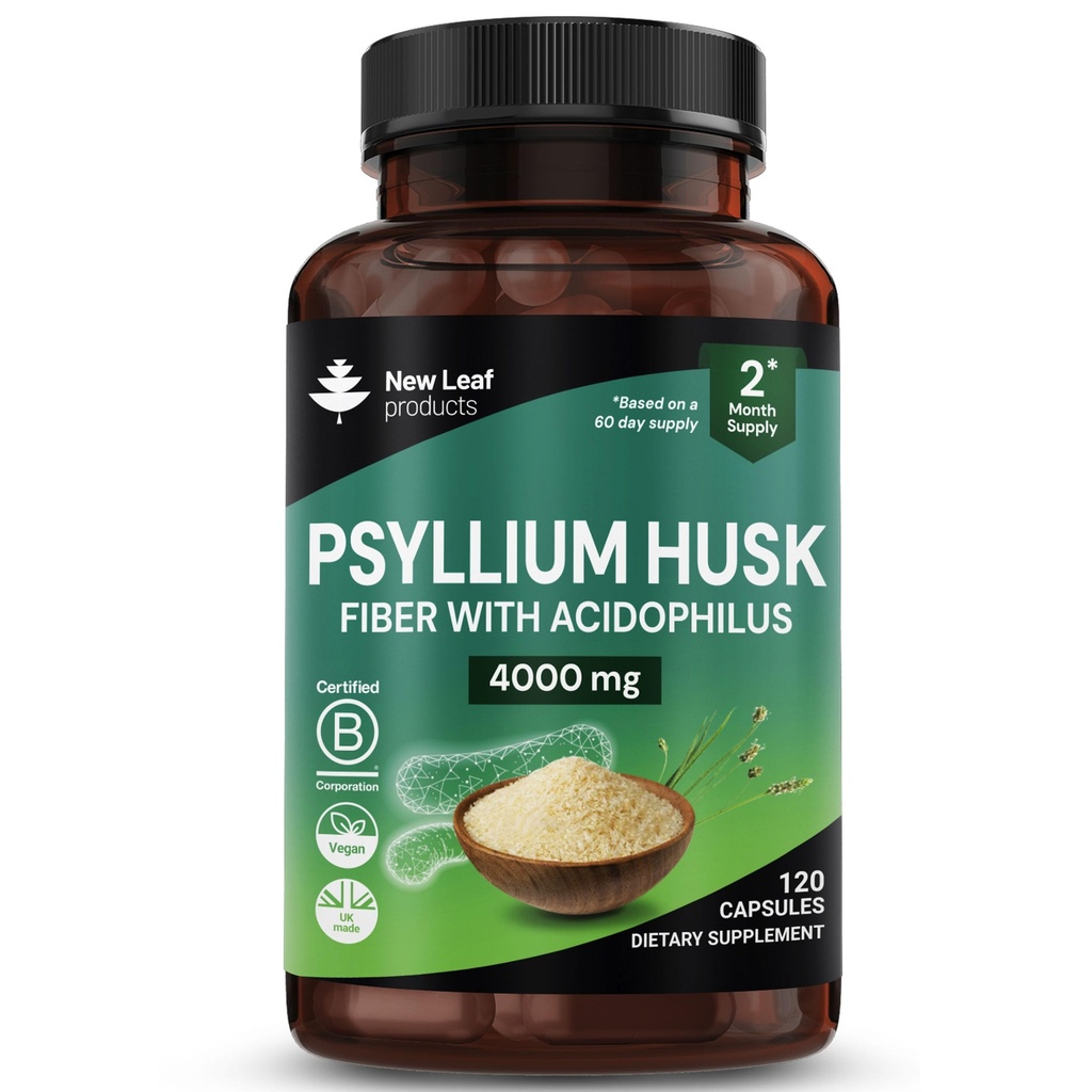 Psyllium Husk Kapsler beriket med probiotika Fiber Supplement høy absorbens styrke bidrar mot gut og digestiv helse fra Plantago Ovata frø, Ispaghula Husk, Glutenfri laget i Storbritannia