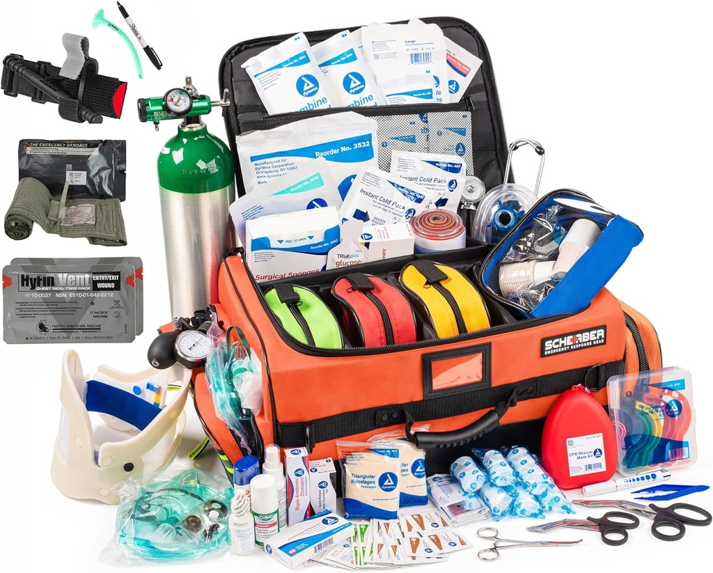 Scherber Fullstendig Stocked Premium første responder pose HSA/FSA Godkjent | Stor pro EMT/EMS Trauma, blødning og oksygen medisinsk sett | CAT Tamp, HyFin bryst segl og 260+ Førstehjelpsutstyr (Orange)