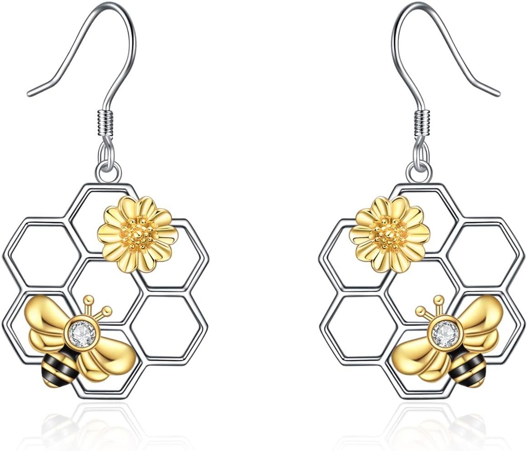 LUHE Bee øredobber for kvinner 925 Sterling Silver Bumble øredobber med Honeycomb Honeybee smykker Dunge Gaver for kvinner