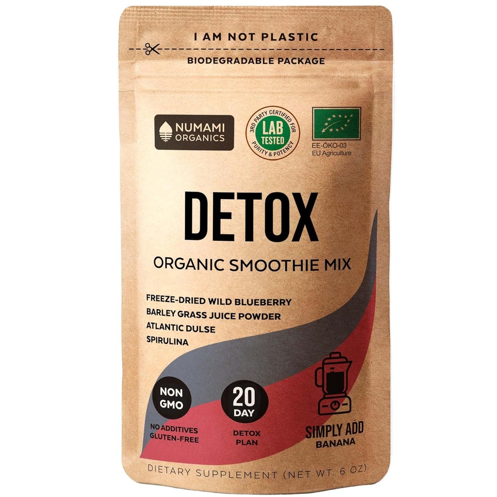 Numami Organic Detox Blueberry Smoothie pulver med sunn Spirulina, Atlantisk Dulse og Barley Grass Juice pulver, Premium kvalitet supermat fra Europa
