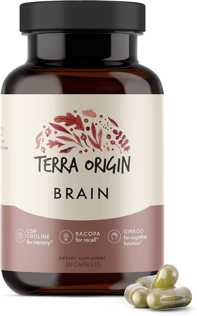 Terra Opprinnelse, Sunn Brain Supplement, Kapsler, 30 Serveringer, med CDP Choline, Ginkgo Biloba Extract, og Bacopa - for sunn sinn, forbedrer hukommelse, minne og funksjon