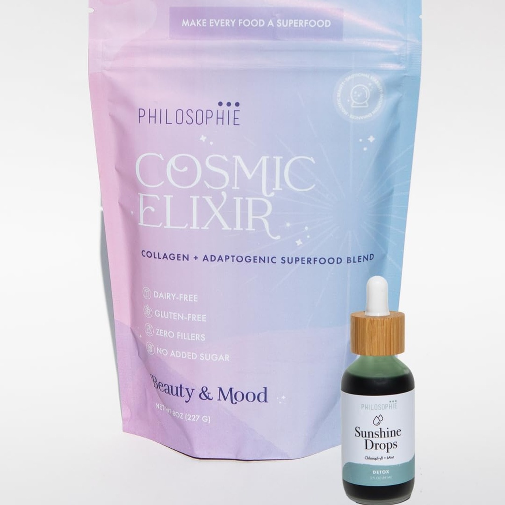 Filosofi Sunshine Drops & Cosmic Elixir Bundle - flytende klorofyll & Superfood pulver blanding - alle naturlige plantebaserte 2pack