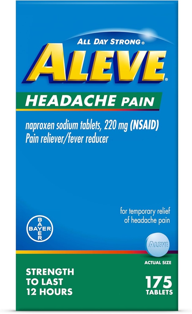 Aleve hodepine smertestillende og feberredusere tabletter, Naproxen Natrium, for hodepine, smertemedisin for voksne, hodepine smertestillende piller, 175 greve