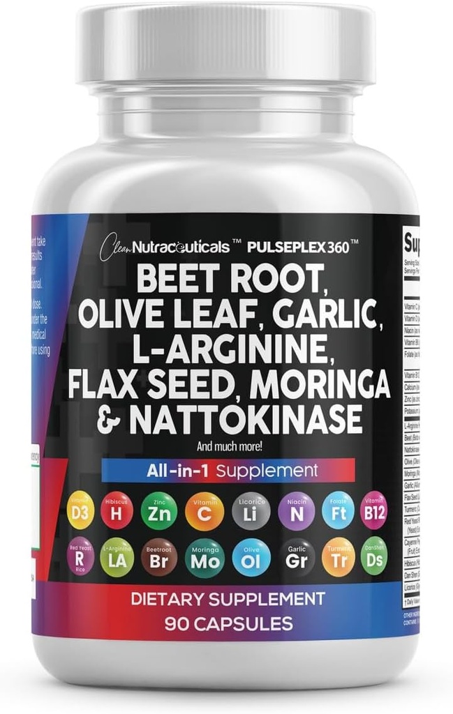 Ren Nutraceuticals Beet Root Capsules Olive Leaf Nattokinase hvitløk Ekstrakt L-Arginine Omega 3 Rød Yeast Rice Hibiscus Danshen - Sunn støtte Supplement - 90 Ct