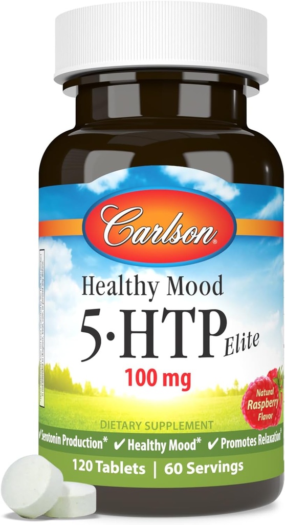 Carlson Sunn Mood 5-htp Elite 50 mg bringebær Chewables, 120 tabletter