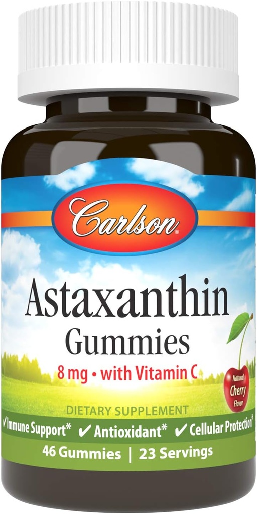 Carlson - Astaxanthin Gummies, med vitamin C, immun støtte, antioksidant, hjertehelse, ikke-GMO, Cherry Flavor, 46 vegetariske gummies