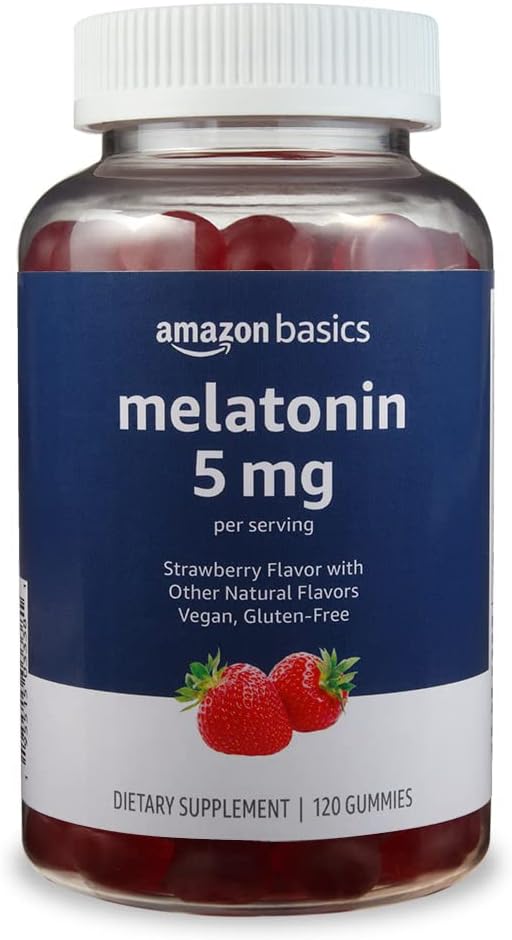 Grunnleggende Melatonin, søvnstøtte Gummier, Jordbær Flavor, 5 mg, 120 greve (tidligere Solimo)