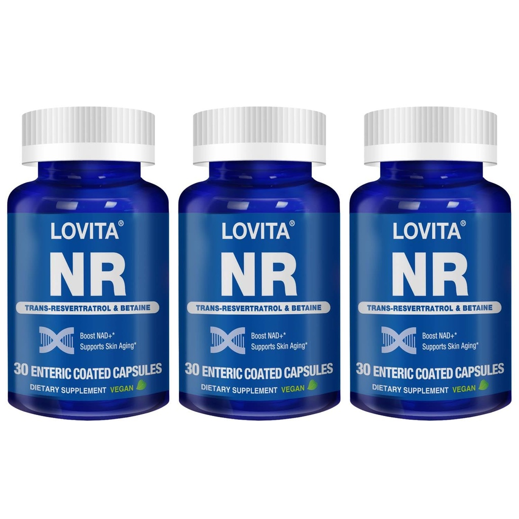Lovita NR (Nicotinamid Riboside) 350 mg, NAD Supplement med trans-Resveratrol og Betain, fremme NAD Plus nivåer, sunn aldring, 30 vegansk Enterisk-koated kapsler (Pack of 3)