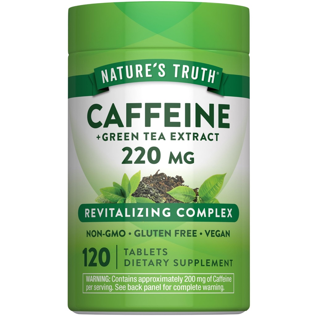 Naturens sannhet koffeinpiller | 220 mg | 120 greve | Med grønn te ekstrakt | Vegansk, ikke-GMO & Glutenfri Supplement