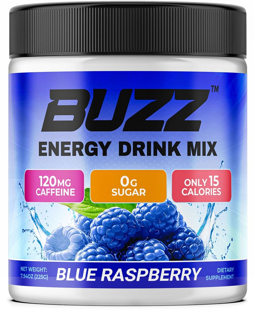 Morgen Buzz Energi Drikkepulver - Energi Boost Drink Mix - Sukkerfri energi med antioksidanter - Morgen Kickstart og Sport Ernæring Utholdenhet Produkt - 30 Serveringer, Blå bringebær, 8 Ounces