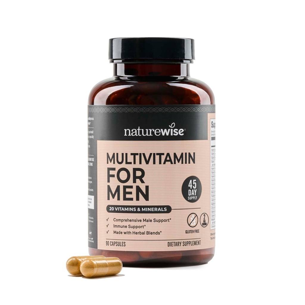NatureWise Multivitamin for menn - Daglig mannlig støtte - Mineraler og urter for energi, ytelse, immunitet - med vitamin A, C, D, B-kompleks - Soja og Glutenfri, ikke-GMO - 90 kapsler[45-dagers forsyning]