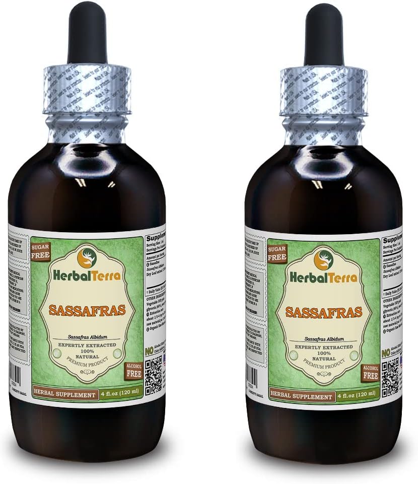 Organisk Sassafras (Sassafras Albidum) Glyceritt, Tørket blader alkoholfri væskeekstrakt (merkenavn: HerbalTerra, stolt laget i USA) 2x4 fl.oz (2x120 ml)