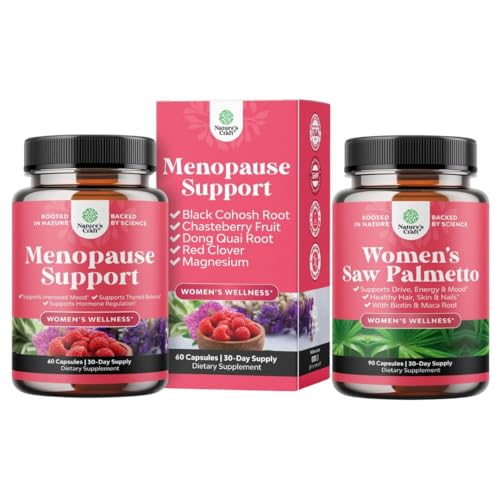 Bundle av Menopause Supplement for nattesviter, Hot Flashes & Mood Swingers med Dong Quai, Chaste Berry & Black Cohosh Root og så Palmetto for kvinner 500mg DHT Blocker med Maca Root & Biotin