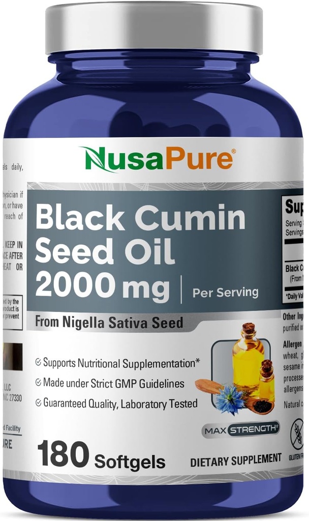 NusaPure Black Seed Oil 2000mg per servering - 180 Softgel Caps (Non-GMO, Glutenfri) Kaldpresset Nigella Sativa