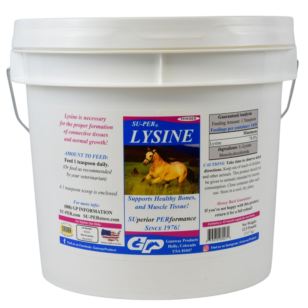 SU-PER Lysin Supplement for hester - støtter sunne bein og muskelvev - Equine Essential Aminosyre - 12,5 pund, 47 måneders forsyning