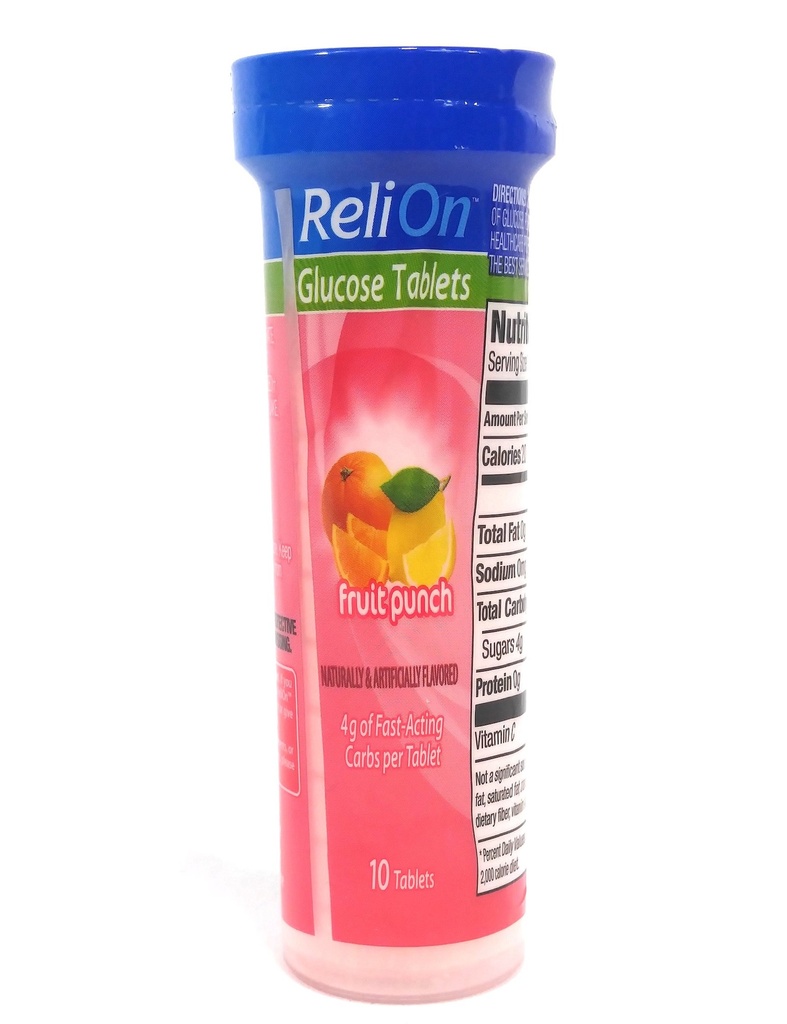 ReliOn Glucose Frukt Punch, 10 tabletter, On-The-Go Tube.