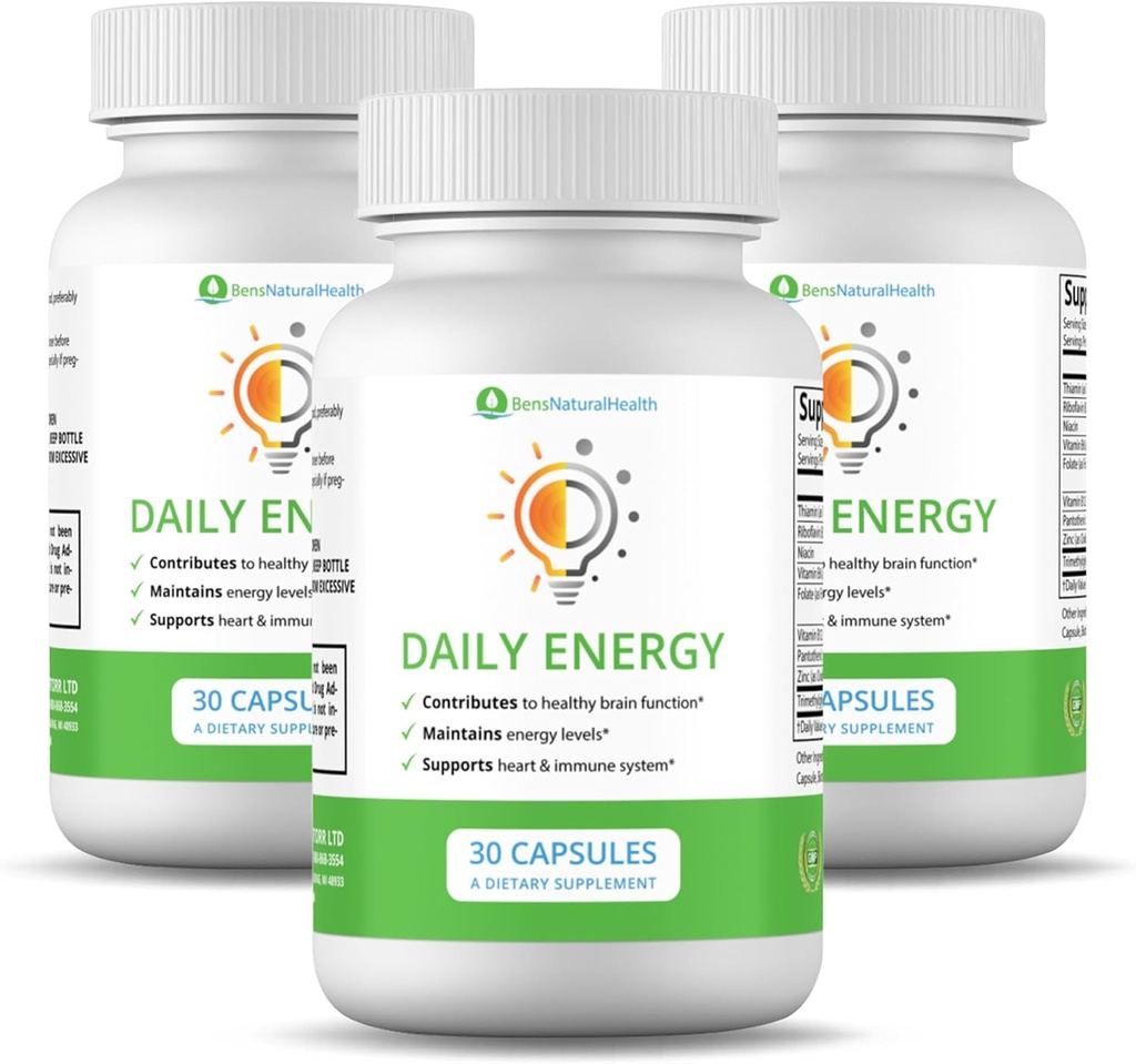 Bens naturlige helse Daglig energi B-vitamin kompleks med TMG og sink for naturlig energi, stress, fokus og immunstøtte, 30 kapsler, 3 pakke