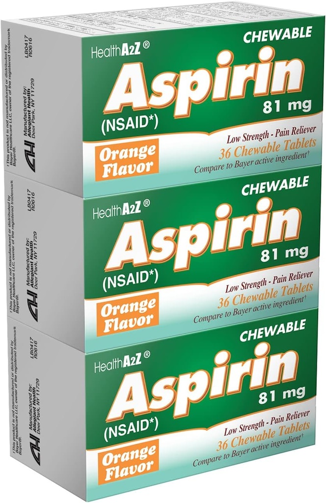 HealthA2Z® Aspirin 81 mg | Lav styrke Chewable Tabletter | smerte lindring og feber Redusere | Orange Flavor | Reduserer mindre smerter, hodepine og muskelsmerter | 36 Count (Pack of 3)