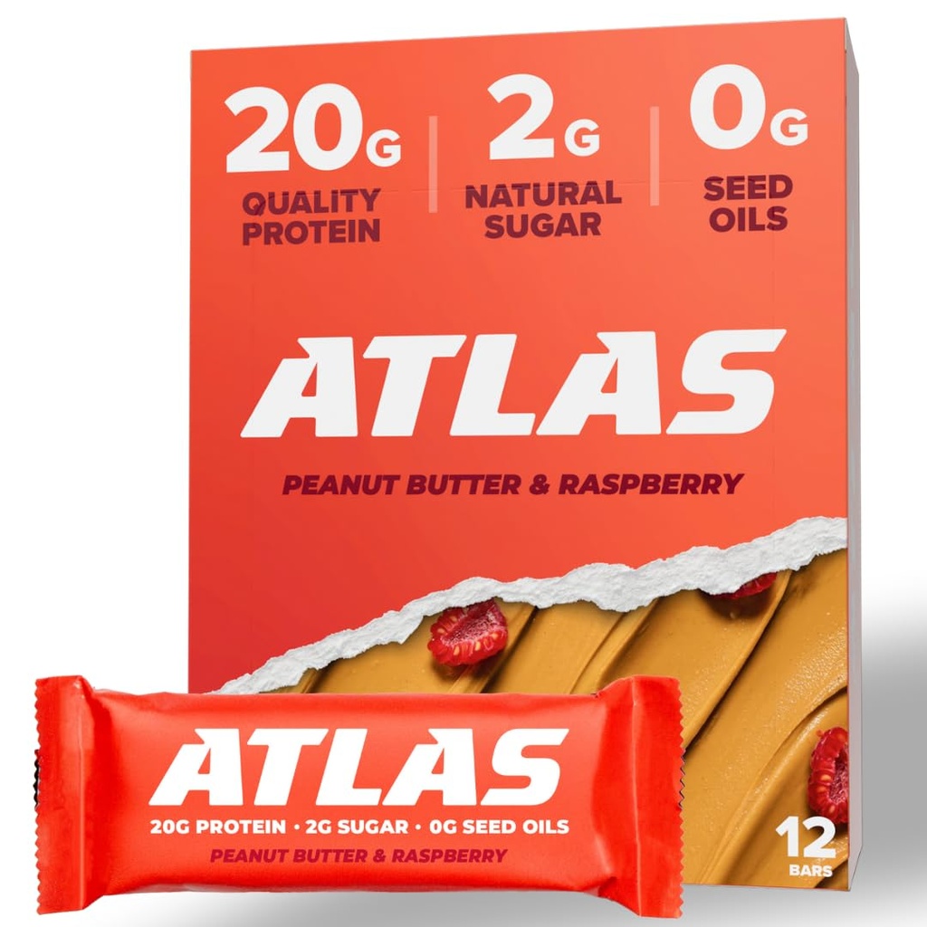 Atlas Protein Bar, 20g Protein, 1g Sukker, Rene ingredienser, Glutenfri (Peanut Butter Raspberry, 12 Count (Pack of 1))