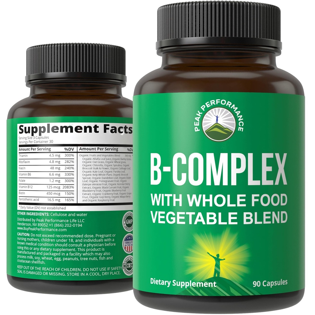 Vitamin B komplekse kapsler + hele matblanding av 25 grønnsaker og frukter for maksimal absorpsjon. Beste Vegansk B-kompleks Supplement med vitamin B1, B2, B3, B5, B6, B7, B9 og B12. 90 kapsler. Energiforsterkning