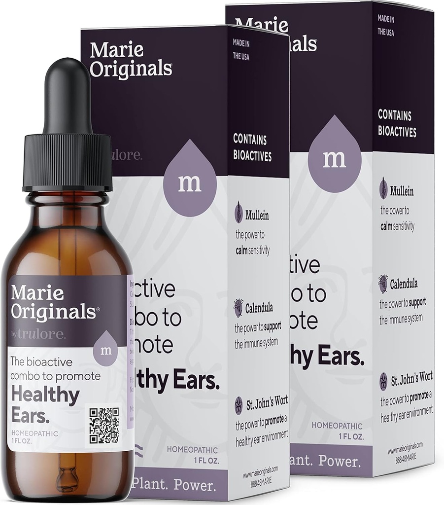 Marie Originals Natural Ear Olje Drops | Mullein Hvite Hvite Hjerte Drops for infeksjoner Forebygging, Herbal øre Ache Drops for voksne, Kjæledyr, Soothes øresmerter og voksfjerning, øresekk Remedies (2 Pack)