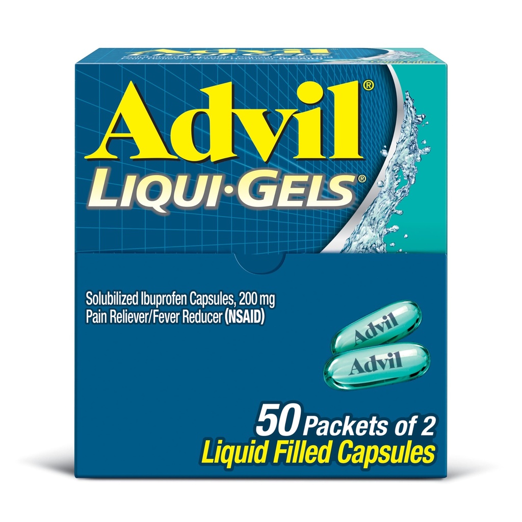 Advil Liqui-Gels Pain Relief og Feber Reduser, Smertemedisin for voksne med Ibuprofen 200 mg for hodepine, ryggsmerter, menstruasjonssmerter og ledd smertelindring - 50x2 flytende fylte kapsler