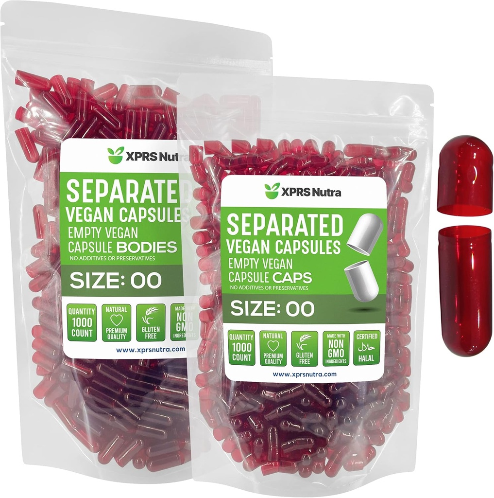 XPRS Nutra Vegansk Størrelse 00 Separerte kapsler - 1000 greve Premium tomme kapsler Separert i poser - 00 piller tom for DIY Supplement Fylling (clear Red)
