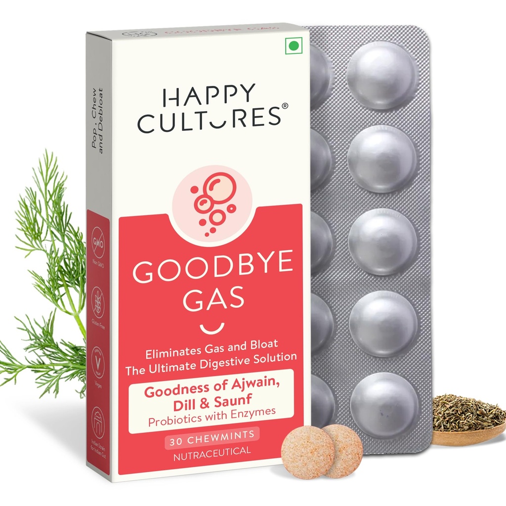 Happy Cultures Goodbye Gass, Chewable Gass Relief Capsules for Digestive Helse, Bloating og Indigestion med simetikon 50 mg - 30 Chewables