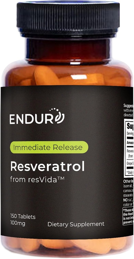 Endur Resveratrol, sunn aldring og kardiovaskulær støtte Supplement, Instant Release Antioksidant Grape Hud Ekstrakt, Glutenfri, 100 mg (150 tabletter)