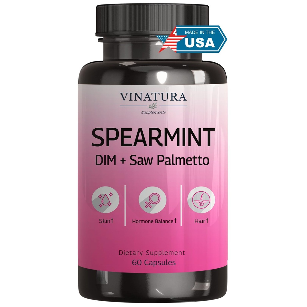 VINATURA Spearmint Leaf Capsules Supplement - Forbedret med DIM & Saw Palmetto, for uønsket hår, kvinners helse og hud * USA laget og testet * - 1380mg / reservasjon, 60 kapsler (30 Serveringer)