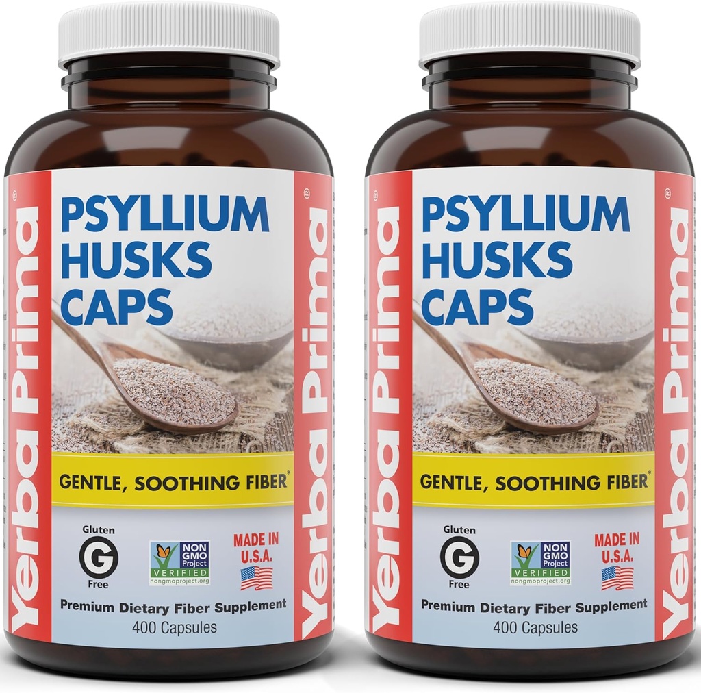 Yerba Prima Psyllium Huss Caps, 625 mg, 400 kapsler (Pack of 2) - Naturlig fiber for menn og kvinner - Regelmessig støtte Supplement
