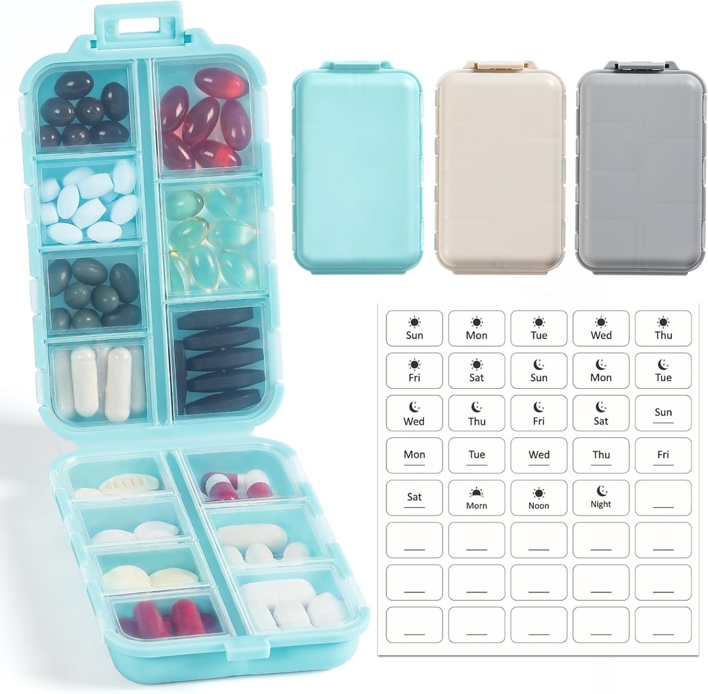 3 Pakke, 14 GRIDS Reise piller Organizer Box med etiketter - Reisemedisin Case Kit - Pocket Daily Pharmacy Container - Reisemedisinholder Dispenser for fiskeolje vitamin Supplerende lagring
