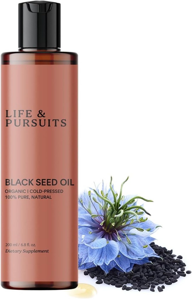 Liv og pursuits Organic Black Seed Oil (Kalonji) - 100% ren, naturlig, kaldt presset | Naturlig kilde til Thymoquinon & Omega 3 6 9 | Antioksidant for immun støtte, hår og hud (6.8 Fl Oz)