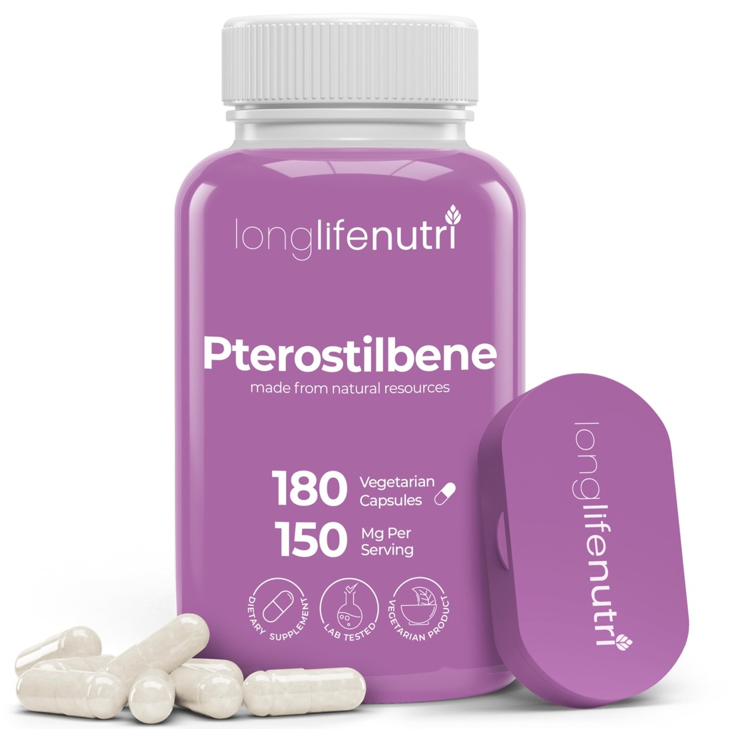 Pterotilbene Supplement 150 mg, heve cellulær energi, 180 veganske kapsler, 3 måneders forsyning, ren organisk Pterotilbene ekstrakt, laget i USA, ikke GMO, ren etikett, lett svelge antioksidant støtte