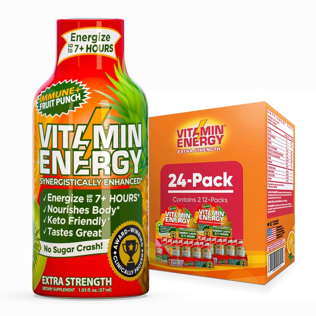 Vitamin energi immun + ekstra styrke energi Shot Fruit Punch 24 Pack, 260 mg naturlig koffein, B-vitaminer, Citikolin, grønn te, immunitet og fokus støtte, null sukker, glutenfri 1,93 fl oz