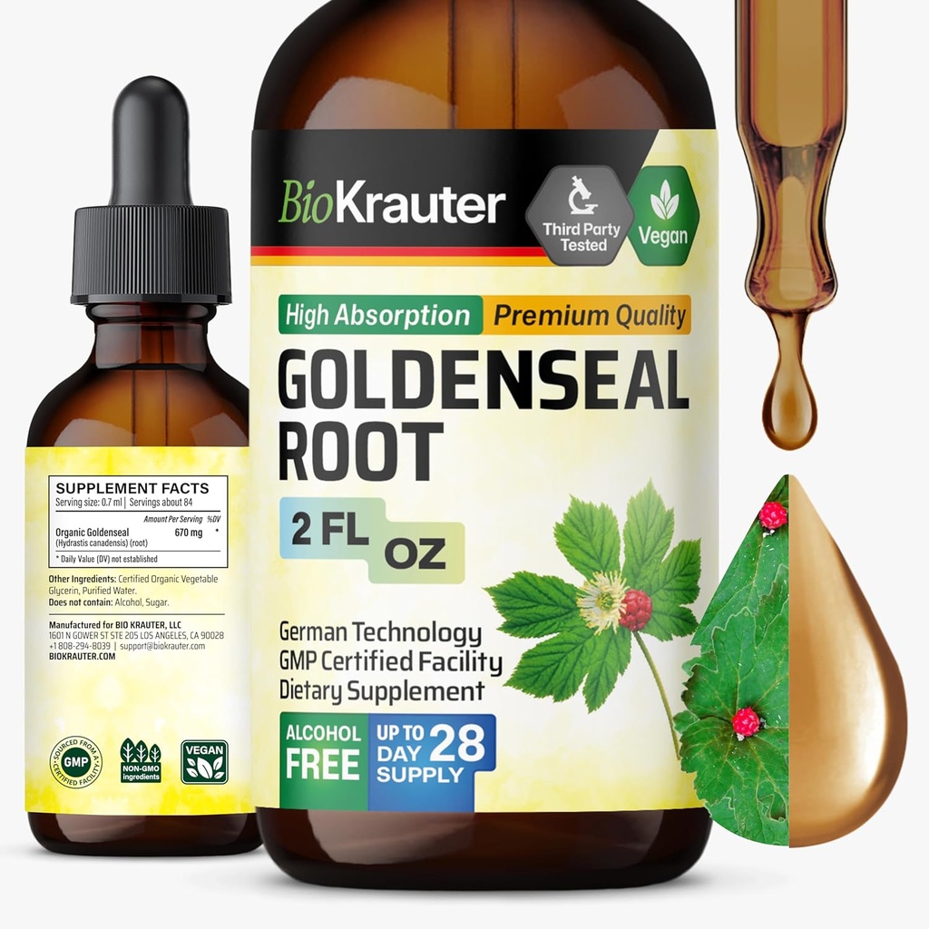 BIO KRAUTER Goldenseal Root Extract Liquid - Vegansk pustende støtte - Golden Seal Drops - alkohol og sukker gratis - 2 Fl.Oz.