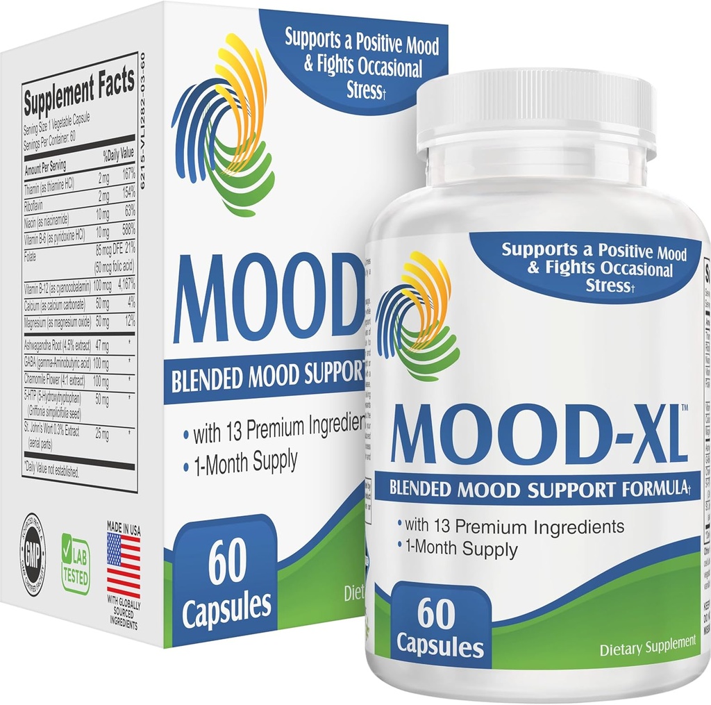 Mood-XL: 30-dagers Mood Support Supplement (All-in-1 Blend) med 13 aktive ingredienser | Sunn Mood Supplements & vitaminer | 1-måneders  Supply 60 Kapsler