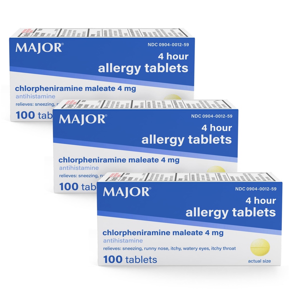 MAJOR 4 Mg Allergi Tabletter - Klorfeniramin Maleate 4-Hour Allergi medisin - Antihistaminer for relief av Sneezing, kløende vannige øyne, kløe Throat, og Runny Nese - 100 greve (3 pakke)